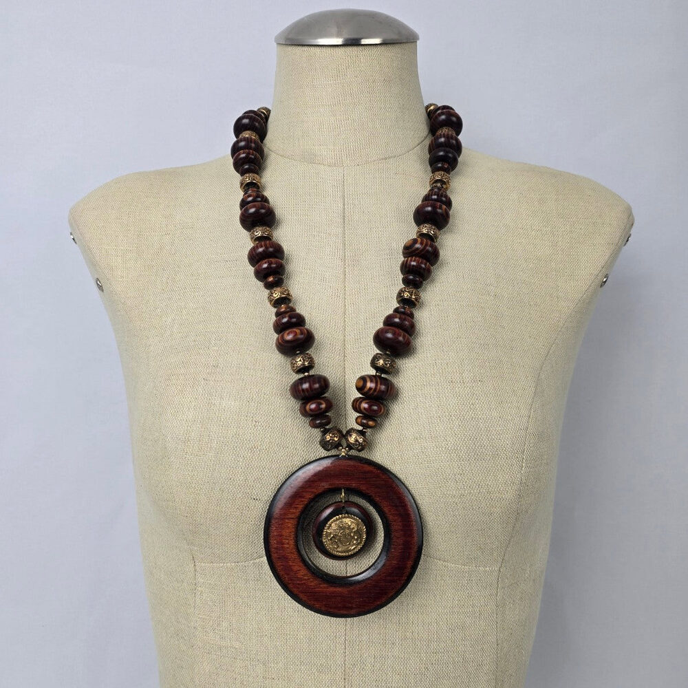 Vintage Brown Wood Oversize Pendant Beaded Long Necklace